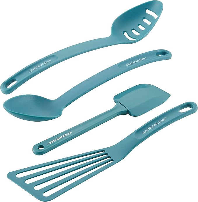 Rachael Ray Cucina Hard Anodized Nonstick Cookware Pots and Pans Set 12 Piece Gray &amp Cucina Nylon Nonstick Utensils/Fish Turner Spatula Solid and Slotted Spoons 4 Piece Agave Blue