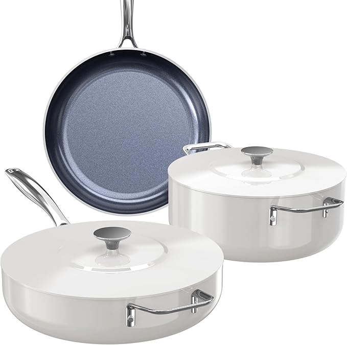 Nuwave Essential Series 5PC Ceramic Cookware Set PFAS-Free G11 Duralon Blue Coating Pots and Pans Set Non Stick Diamond Scratch-ResistantStay-Cool Handle Metal LidInduction ReadyDishwasher Safe