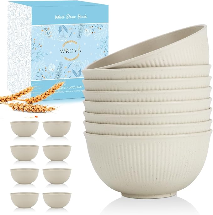 Wrova wheat straw bowls and plates sets with 12oz cups - unbreakable dinnerware sets of 22 - Beige series 2