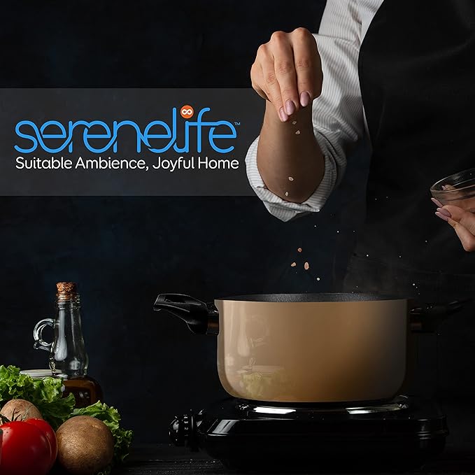 SereneLife Kitchenware Pots &amp Pans Basic Kitchen Cookware Black Non-Stick Coating Inside Heat Resistant Lacquer (15-Piece Set) One Size Gold