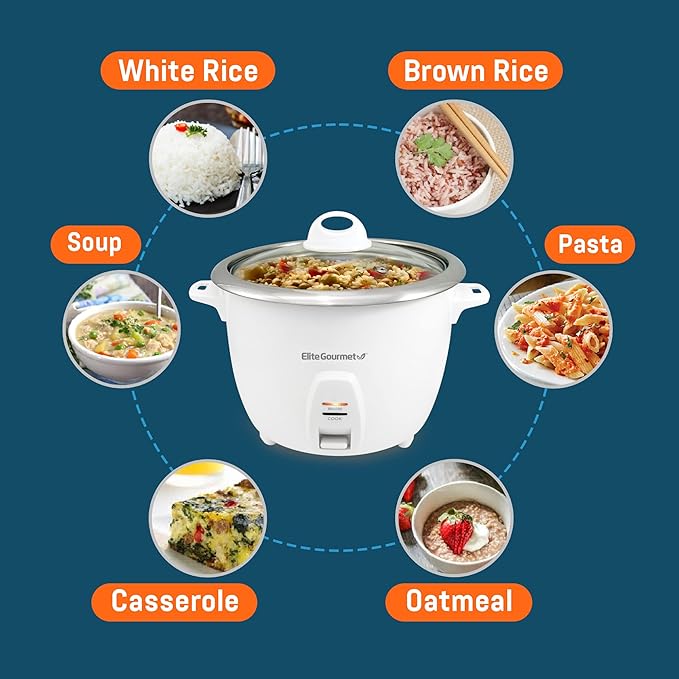 Elite Gourmet ERC-2010 Electric Rice Cooker with Stainless Steel Inner Pot Makes Soups Stews Grains Cereals Keep Warm Feature 10 Cooked (5 Cups Uncooked) White