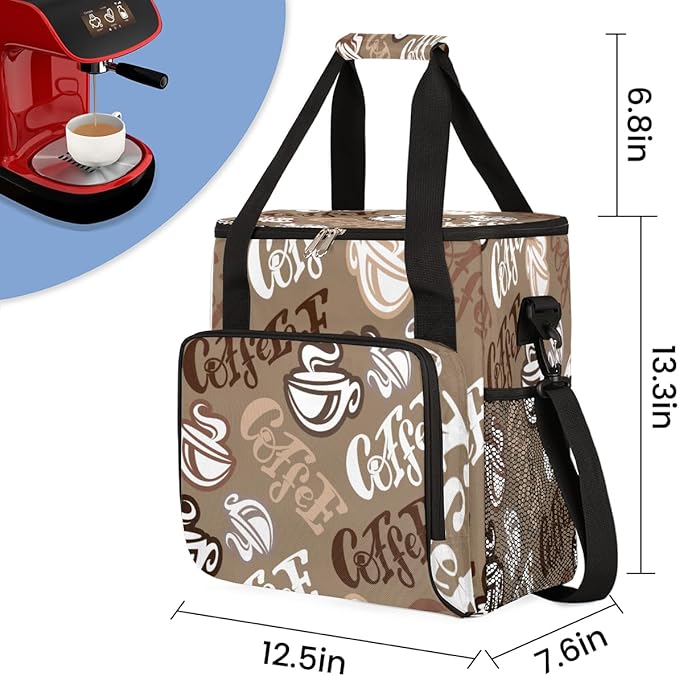 Coffee Time Coffee Maker Carring Bag Hand Drawn Coffee Travel Carrying Storage Tote Bag Compatible with Keurig K-Mini or K-Mini Plus Portable Single Serve Coffee Brewer Case with Pockets for K-cup Pod