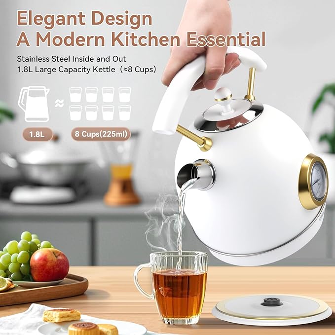 Rasonic Retro Electric Kettle Stainless Steel 1.8L Tea Water Boiler 1500W Fast Quiet Boil Temperature Gauge Auto Shut-Off Boil-Dry Protection White Champagne Gold