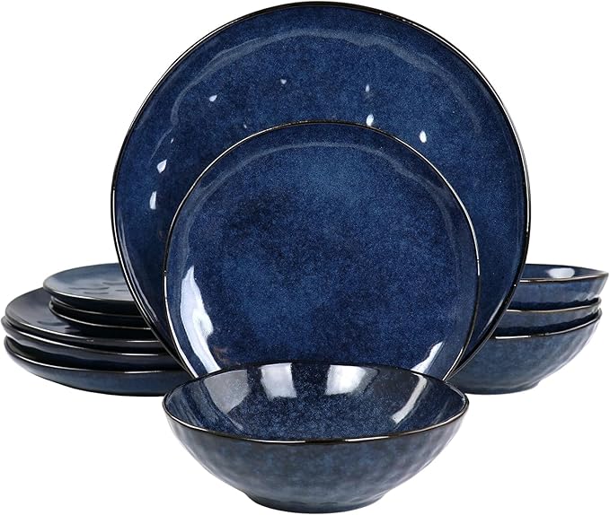 12 Piece Stoneware Dinnerware Set – Ombre Color Rim Plates and Bowls Microwave &amp Dishwasher Safe Dinner Set for 4 (Blue)