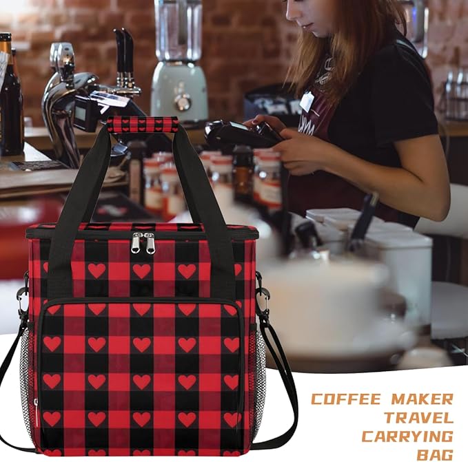 Valentine Heart Striped Plaid Coffee Maker Carrying Bag Coffee Machine Travel Storage Bag Compatible with K-Mini or K-Mini Plus Portable Single Serve Coffees Brewer Case with Pockets for K-Cup Pods