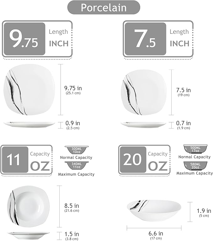 VEWEET Series Teresa 24-Piece Ivory White Porcelain Ceramic Dinnerware Set Ink and Line Patterns Square Kitchen Sets with Dinner Plate Soup Plate Dessert Plate Bowl Service for 6