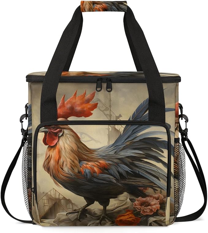 Rustic Chicken Coffee Maker Travel Bag for Keurig K-Mini/K-Mini Plus Insulated Waterproof Tote with Pockets for K-Cup Portable Single-Serve Brewer Case