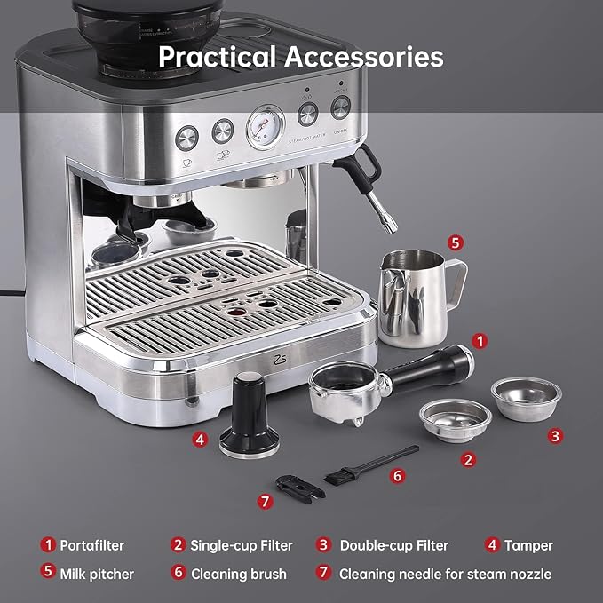 Automatic Coffee Maker Professional Espresso Machine with Grinder Built-in Milk Frother Steam Wand for Cappuccino Latte Macchiato 2.3L Detachable Water Tank Stainless Steel