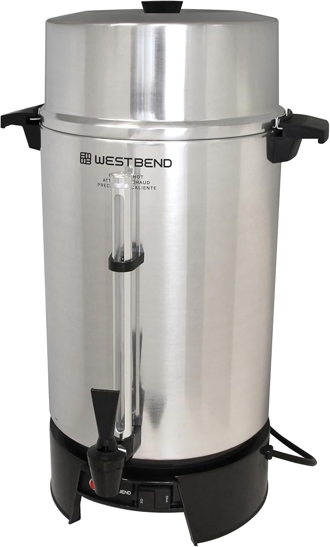 West Bend 33600 Coffee Urn Commercial Highly-Polished Aluminum NSF Approved Features Automatic Temperature Control Large Capacity with Fast Brewing and Easy Clean Up 100-Cup Silver