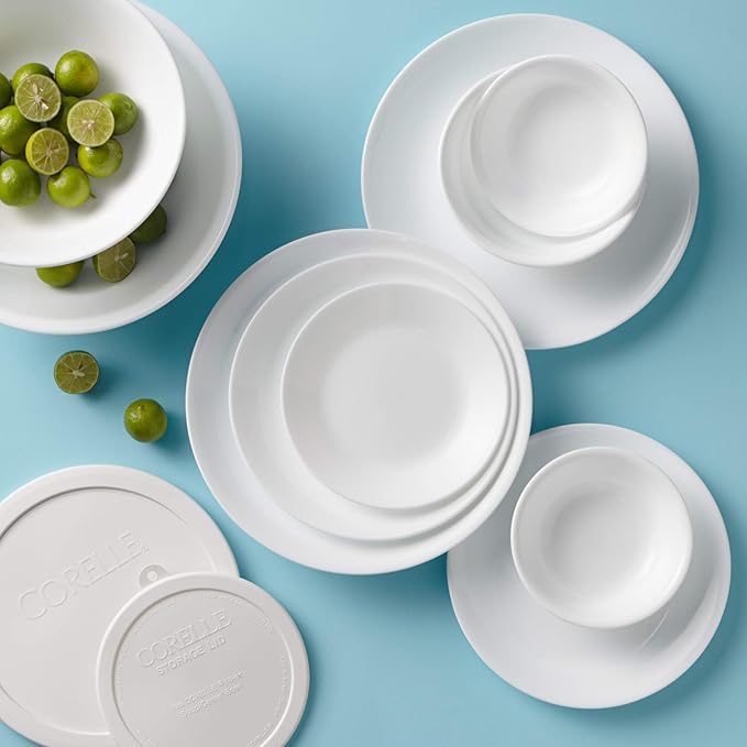 Corelle Vitrelle 78-Piece Service for 12 Dinnerware Set Triple Layer Glass and Chip Resistant Lightweight Round Plates and Bowls Set Winter Frost White