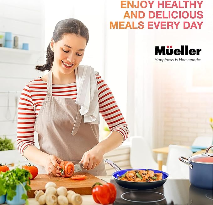 Mueller UltraClad Sapphire Pots and Pans Set Nonstick 14 Piece Induction Cookware Sets Aluminum Body Includes Non Stick Deep Frying Pan Sauce Pans for Cooking Dutch Oven and More