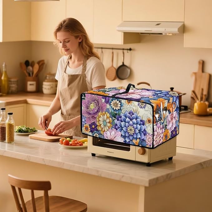 Dustproof Toaster Oven Cover Heat-Resistant Microwave Grill Cover Protector Faux Linen Polyester Dust Covers Case Protections for Toaster Oven Vintage Flower