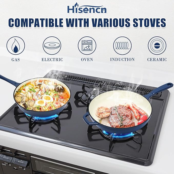Hisencn Enameled Cast Iron Skillet Set - 3 Piece Ceramic Coated Fry Pan Set(8''9.5'' 11'') PFAS/PTFE/PFOA Free Oven &amp Induction Safe Navy Blue Cookware for Gas/Electric Stovetop