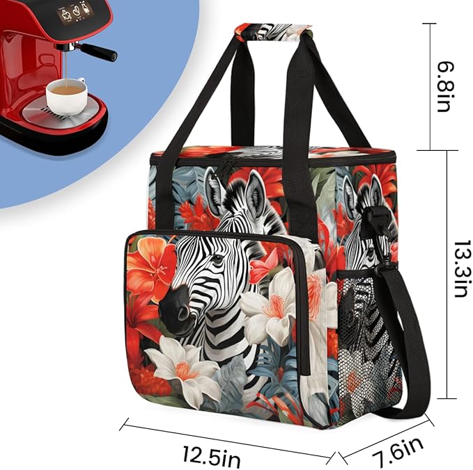 Zebra Flowers Coffee Maker Carrying Bag Portable Travel Storage Tote Bag Compatible with K-Mini or K-Mini Plus Single Serve Coffee Brewer Carrying Case with Multiple Pockets &amp Shoulder Strap