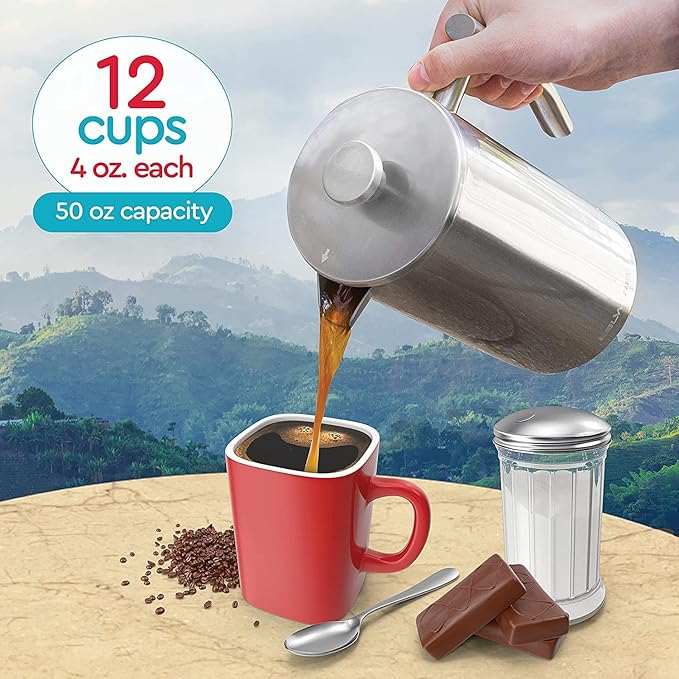 Belwares French Press Coffee Maker 50 oz - Large 304 Stainless Steel Double Wall Insulated Thermal Coffee Press for Home Kitchen 4-Level Filtration with Extra Screens Dishwasher Safe 1.5L Silver