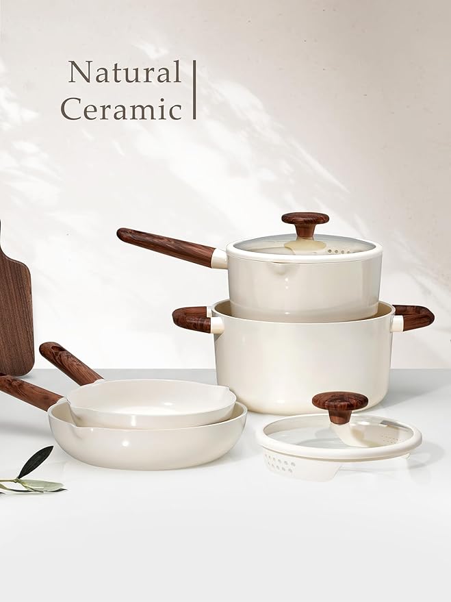 CAROTE Ceramic Cookware Sets Pots and Pans Set Non stick Non Toxic Healthy Induction Cookware 14 Pcs Nonstick Kitchen Pots and Pans Set PFAS PTFE Free Dishwasher Safe