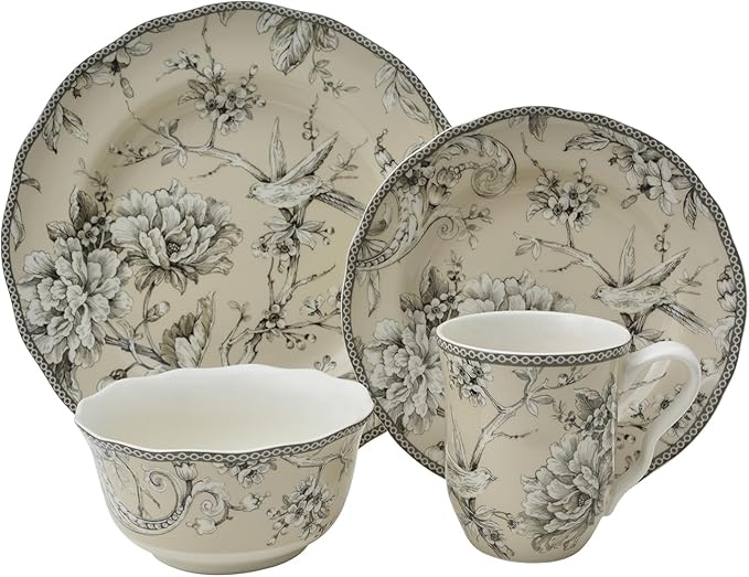 222 Fifth Adelaide 32-Piece Porcelain Dinnerware Set – Service for 4 Romantic Bird &amp Floral Design Everyday Big Dinner Plates and Bowls Sets Microwave &amp Dishwasher Safe