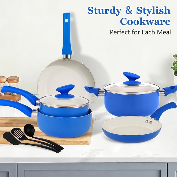 12-Piece Pots and Pans Set Nonstick Ceramic Cookware Set with Stay-Cool Bakelite Handles Non-Toxic Induction Cooking Set Cobalt Blue Kitchen Essentials PFOA &amp PTFE Free