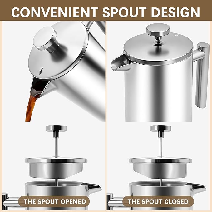French Press Coffee Maker 304 Grade Stainless Steel French Press with 2 Extra Filters for Home Office Travel Camping - 34OZ/1 Litre (Sliver)