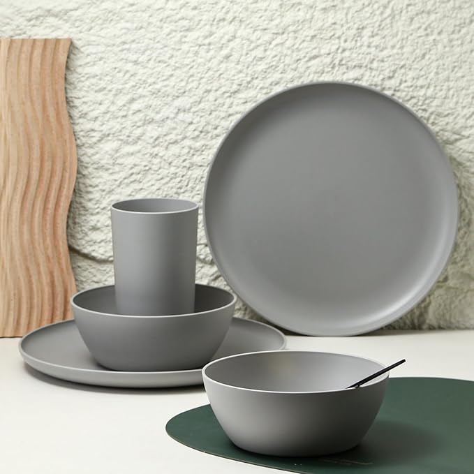 24-Piece Dinnerware Set Service for 8 Unbreakable Plates and Bowls Set BPA-Free Dishwasher Safe Gray Tableware for Kitchen Party and Picnic