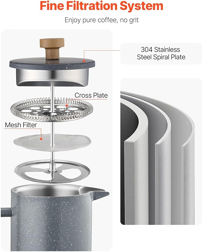 French Press Coffee Maker 34 oz Stainless Steel Double Wall Insulated 304 Stainless Steel Filtration System Black with Wood Handle