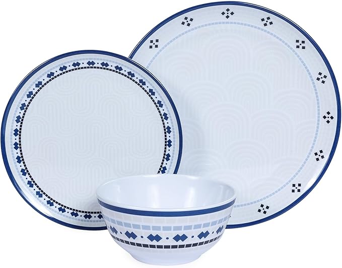 Melamine Dinnerware Set 12pcs Plates and Bowls Set Blue Dinner Dishes Set for Indoor and Outdoor BPA-Free Dishwasher Safe Blue