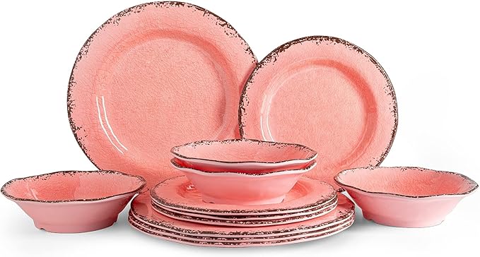 LEHAHA Melamine Dinnerware Sets Farmhouse Dinnerware Set Camping Dishes Set BPA free and Lightweight Durable Outdoor Plates and Bowls Set Service for 4 (12 piece) (Pink)