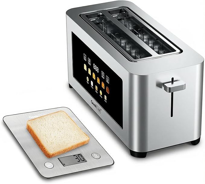 Geek Chef Long Slot Toaster 4 Slice 1.5 Touch Screen Extra Wide Slots for Bagels &amp Waffles 6 Browning Levels Timer Reheat Defrost Cancel Function and Digital Scale with App