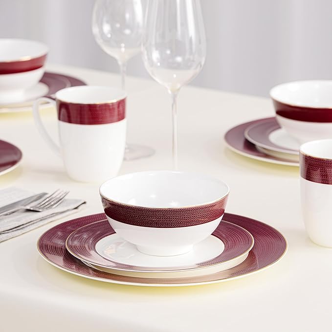 16-Piece Fine Bone China Dinnerware Set Dinner PlatesBowls and Mugs Set Dishware Set for 4 With Selected Christmas Premium Red and Green pattern White Embossed Spot Ornament and Gold Rim