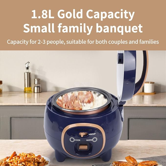 350W Mini Rice Cooker 1.8L Portable Non Stick Small Travel Rice Cooker with Steam Rack One Button to Cook and Keep Warm Function for Grain Soup