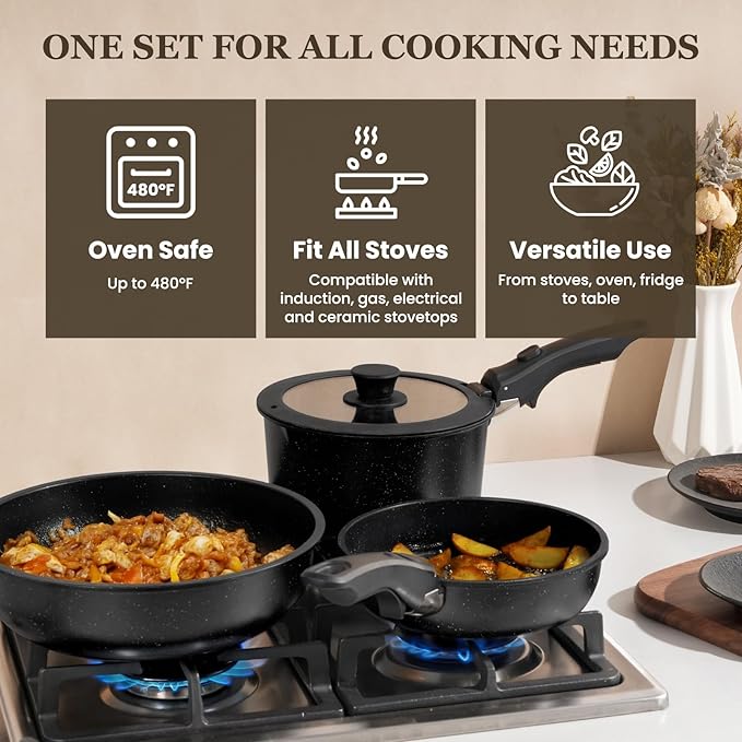 KIKCOIN 20 Pcs Pots and Pans Set Non Stick Detachable Handle Cookware Sets Nonstick Non Toxic Induction RV Kitchen Cooking Set with Removable Handles Dishwasher/Oven Safe Easy Clean (Black)