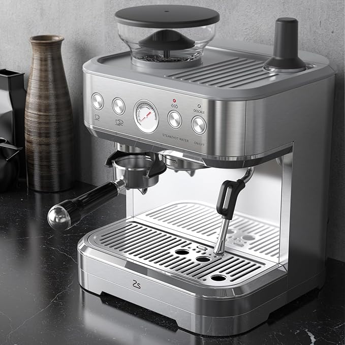 Espresso Machine 15 Bar Coffee Machine with Built-in Grinder Stainless Steel Coffee Maker with Steam/Hot Water Home Coffee Latte Machine with 1 &amp 2 Shot Buttons and Descale Indicator Silver Pl