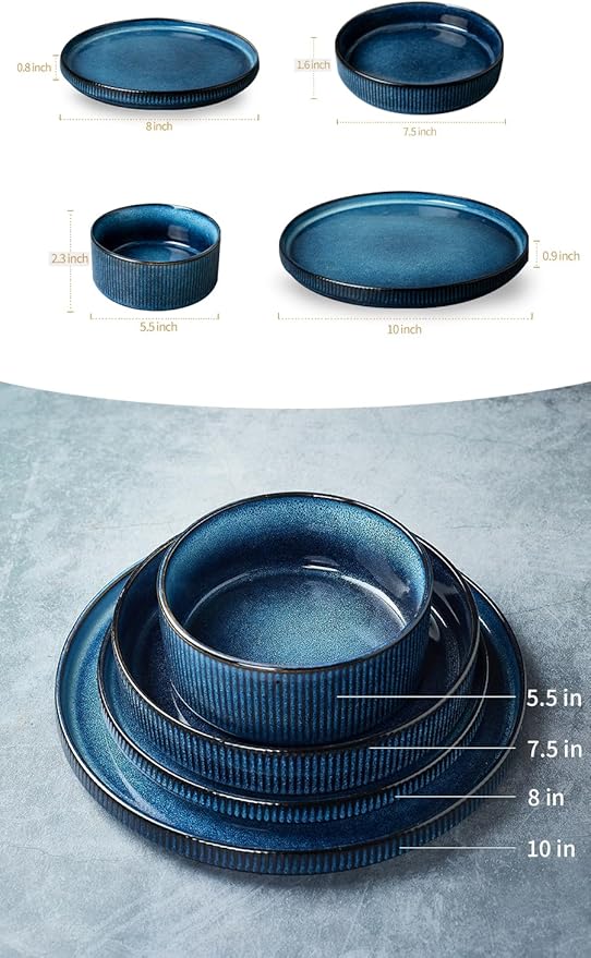 Famiware Star Dinnerware Set with Plates and Bowls Service for 4 (16-Piece) Stoneware Kitchen Dishes Dinner Sets - Nebulas Blue