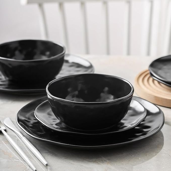 Stone Lain Ivy Stoneware 24 Piece Dinnerware Set Home Kitchen Dish Set with Dinner Plates Salad Plates Bowls &amp Mugs - Service for 6 Black