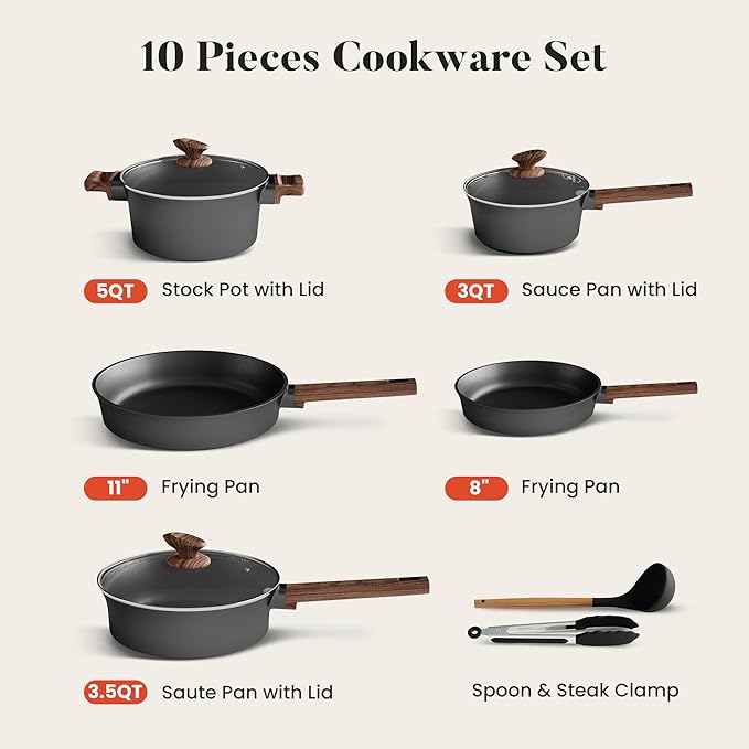 Kitchen Academy Ceramic Pots and Pans Set Non Stick - 10 Pcs Induction Cookware Set Non Toxic Healthy Nonstick Black Cooking Pans Set PFAS/PTFE/PFOA &amp PFOS Free