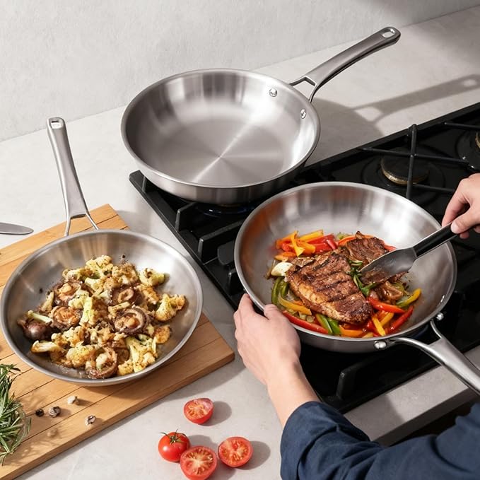 Bonnlo 5 Pieces Cookware Set 3-Ply Stainless Steel Skillets Set with Lids Chef's Pan Kitchen Set Oven &amp Dishwasher Safe Induction Cooking Set PFOA &amp PTFE Free Compatible for All Cooktops