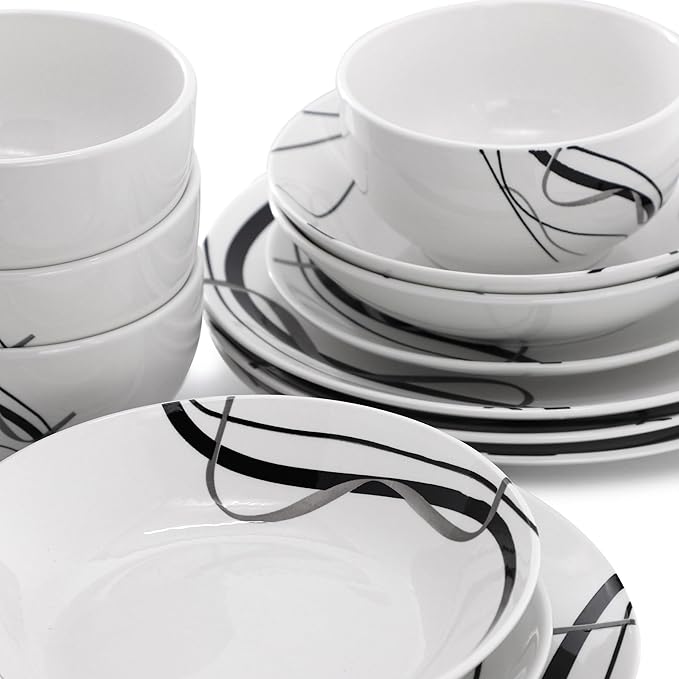 Elama Sarah 24 Piece Porcelain Black Ribbon Double Bowl Dinnerware Set Service for 6 in White and Black