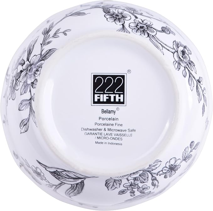 222 Fifth 12-Piece Porcelain Dinnerware Set for 4 White &amp Black Plates and Bowls Set Glossy Ceramic Dish Set with Delicate Floral Design Elegant Kitchen Dishes Microwave &amp Dishwasher Safe