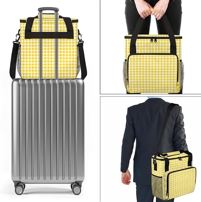 Yellow Plaid Coffee Maker Carrying Bag Portable Travel Storage Tote Bag Compatible with K-Mini or K-Mini Plus Single Serve Coffee Brewer Carrying Case with Multiple Pockets &amp Shoulder Strap