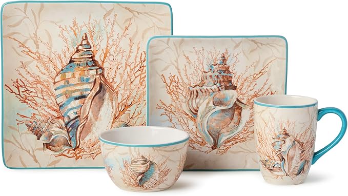 Escape to the Sea 16-Piece Dinnerware Set Coastal Shell &amp Coral Design Aquatic Hues Durable Ceramic Microwave &amp Dishwasher Safe Elegant Nautical Dining Décor