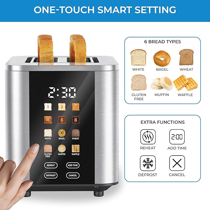 Kenmore 2-Slice Toaster - Color Touch Screen &amp 6 Shade Settings Extra Wide Slots Digital Countdown Timer Customizable Smart Presets Reheat Defrost Add Time Functions Stainless Steel