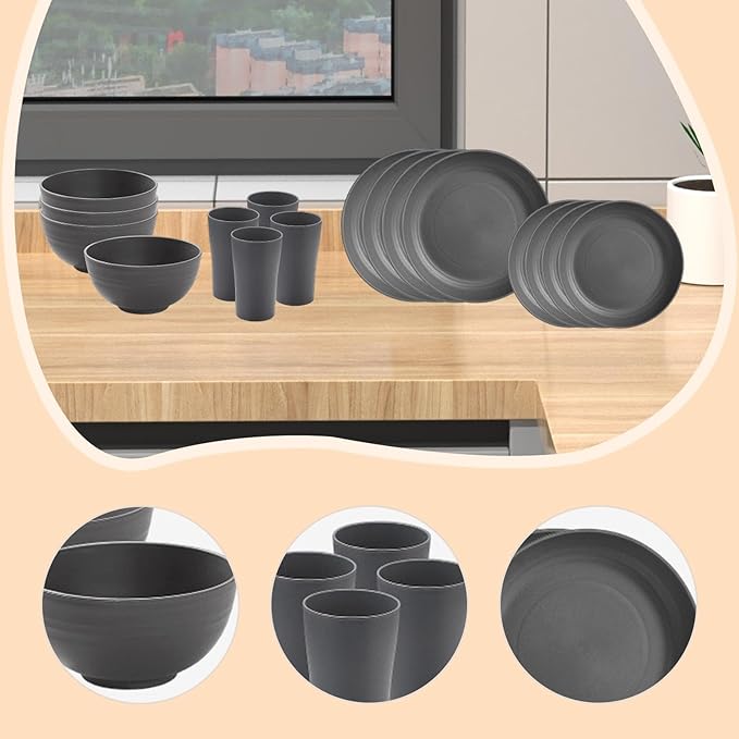 16Pcs Dinnerware Sets Dessert Plates Unbreakable Dishes for Camping RV Hotel Household Gray