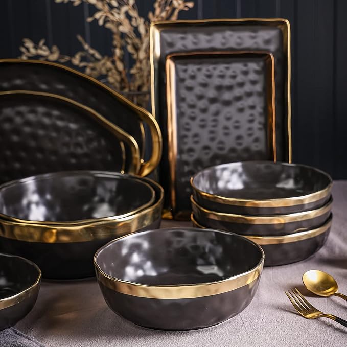Stone Lain Florian Porcelain 3-Piece Round Bowl Service Set Black with Gold Rim