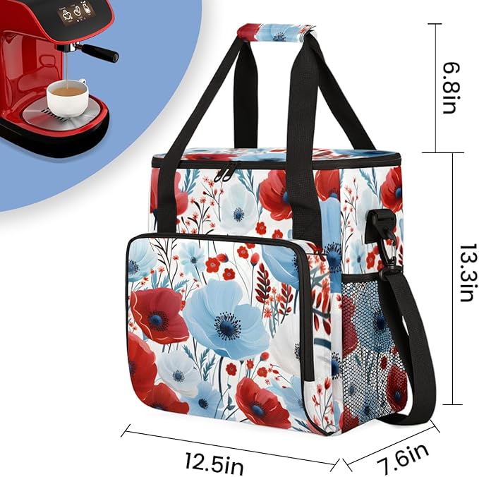 RED BLUE FLOWER Coffee Maker Carrying Bag Portable Travel Storage Tote Bag Compatible with K-Mini or K-Mini Plus Single Serve Coffee Brewer Carrying Case with Multiple Pockets &amp Shoulder Strap
