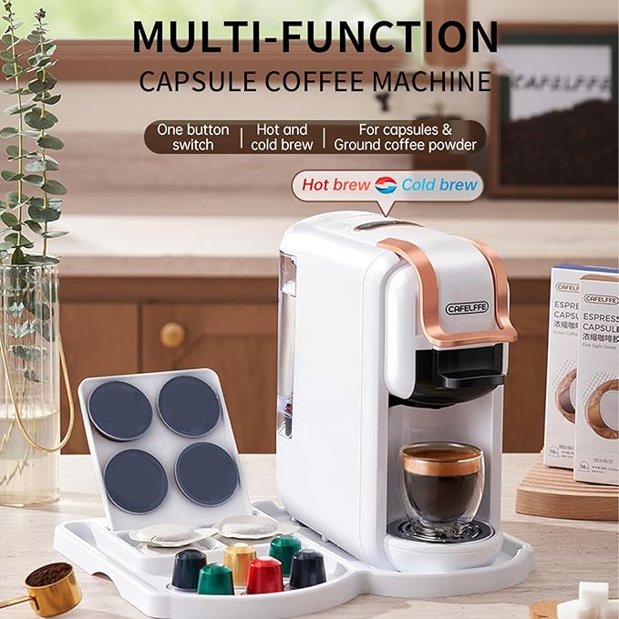Tissting 4 in 1 Pod Coffee Maker 19Bar Pressure &amp 92℃ Constant Temperature - Fast 20s Brew for Hot Cold Coffee Programmable Single Double Serve 600ml Capacity with Auto Shutoff (US plug)