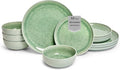 Sango 12-Piece Stoneware Dinnerware Set for 4 Green Ceramic Plates and Bowls Sets Modern Dish Set with Reactive Glaze Durable Kitchen Dishes for Casual Dining Microwave &amp Dishwasher Safe Ashe