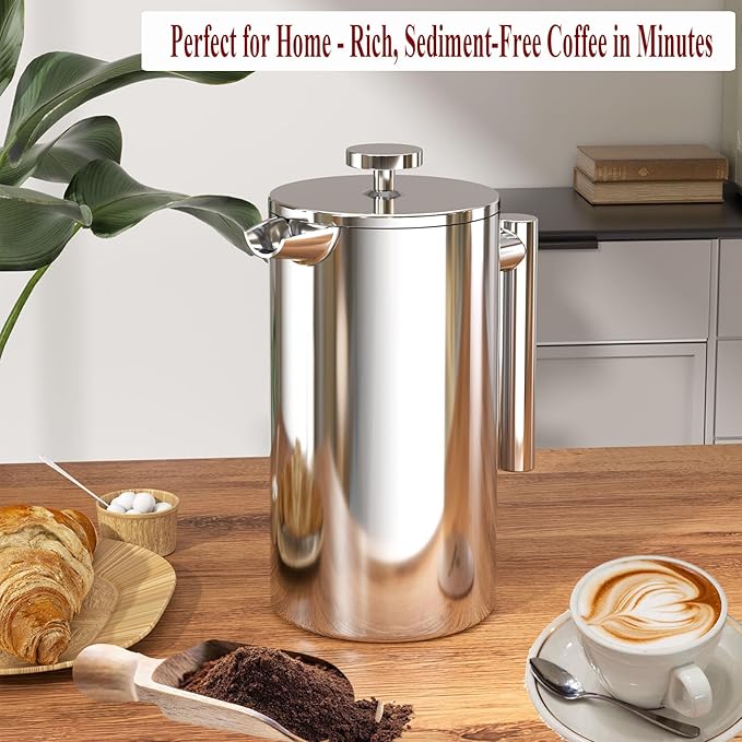 Stainless Steel French Press Coffee Maker - Portable Cafetiere 3 Cup Espresso Coffee Press - Double Wall Insulated Triple Mesh Filter - Perfect for Home Office Camping &amp Travel (20 Oz)