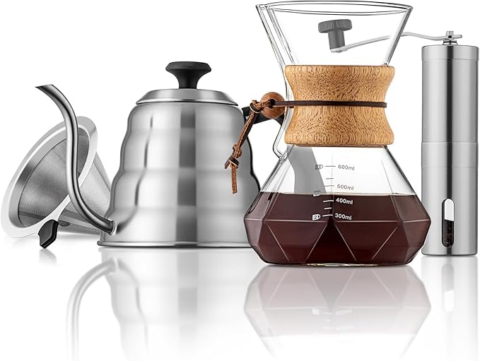 Pour Over Coffee Maker Set – 40oz Gooseneck Kettle with Thermometer Coffee Grinder &amp 20oz Drip Coffee Maker – Stainless Steel Pour Over Coffee Set