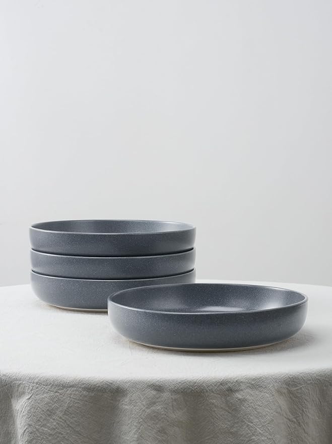 Famiware Milkyway Plates and Bowls Set 12 Pieces Dinnerware Sets and 4 Pieces Pasta Bowls Double Reactive Glaze Sturdy &amp Stackable Stoneware Dishes Set for 4 Matte Dark Charcoal
