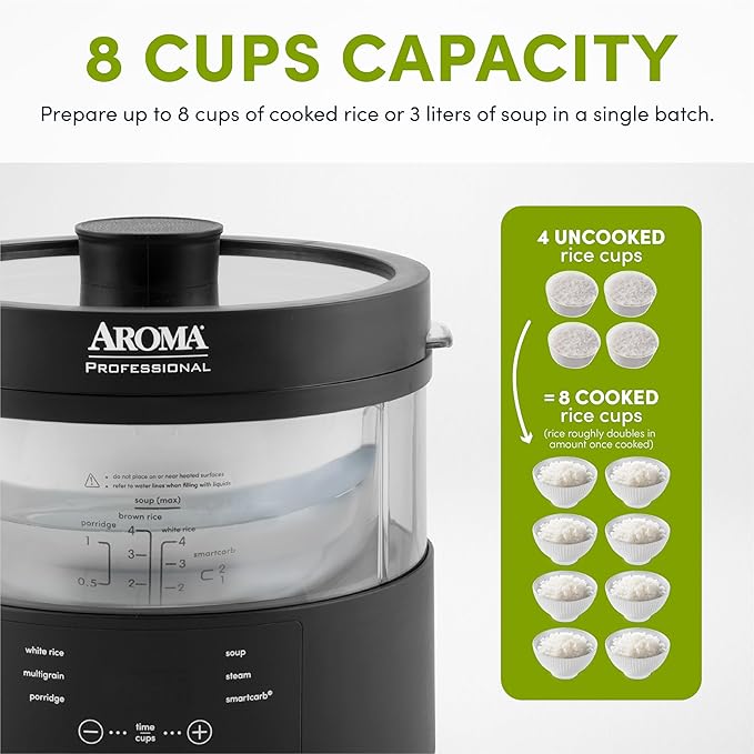 Aroma Housewares Professional 8-Cup (Cooked) SmartCarb Multicooker and Flavor-Lock Food Steamer for Low-Carb Rice and Grains Glass Inner Pot Black (AMC-800) Transparent Glass 4 Cup Uncooked Rice
